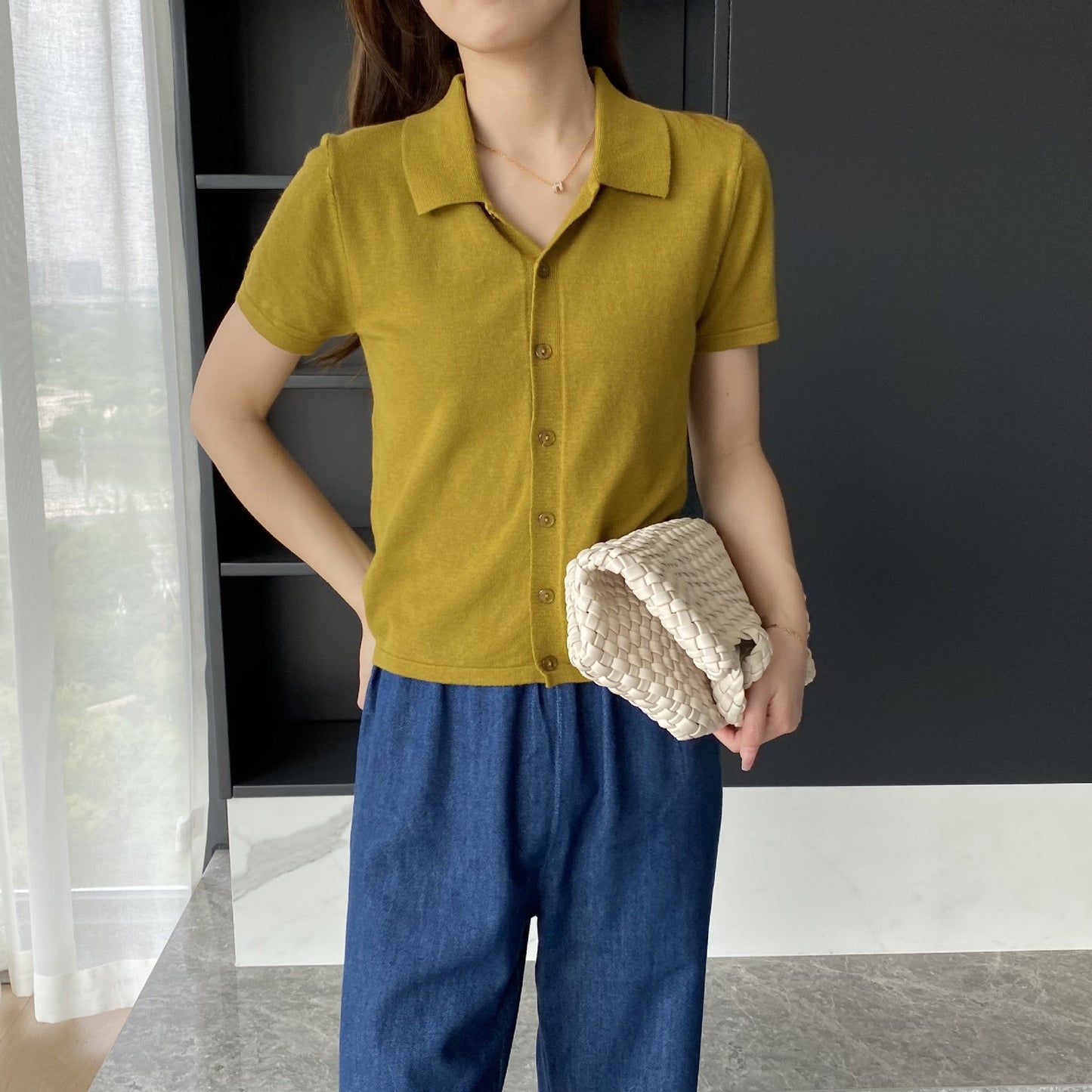 Women Knitted T-shirt Knitted Cardigan Jacket Slim Fit Short Sleeve Polo Collar Top