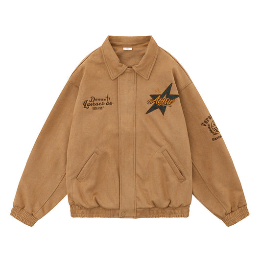 Men Jacket Coat Embroidered Lapel Baseball Uniform Jacket Men's Ins Autumn and Winter Loose Pilot Jacket