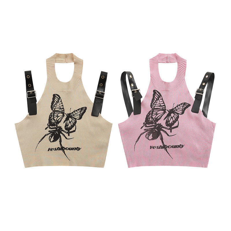 Women Vest Summer Sweet Cool Butterfly Print Halterneck Vest
