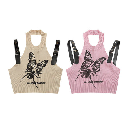 Women Vest Summer Sweet Cool Butterfly Print Halterneck Vest