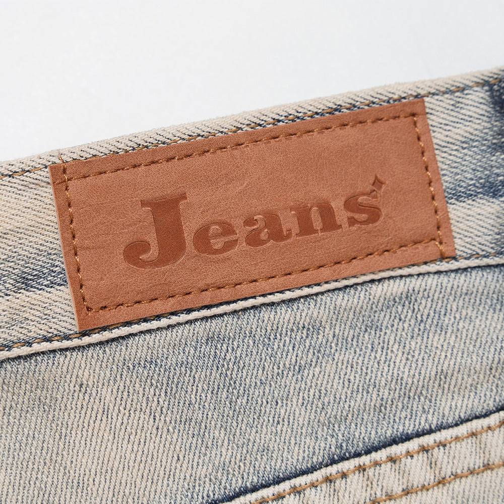 Men Jeans Distressed Loose Worn Leg Zipper Decoration
