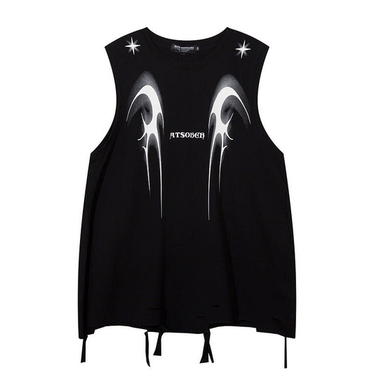 Men Vest Graffiti Hole Vest Men and Women Hip Hop Style Loose Sleeveless T-shirt