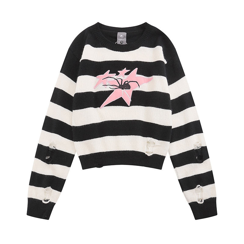 Women Sweater Color Stripe Hole Star Spider Embroidery