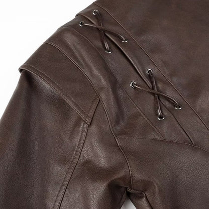 Women Tops Spring Retro Coffee Color Brown Leather Coat V-neck Lace-up Top