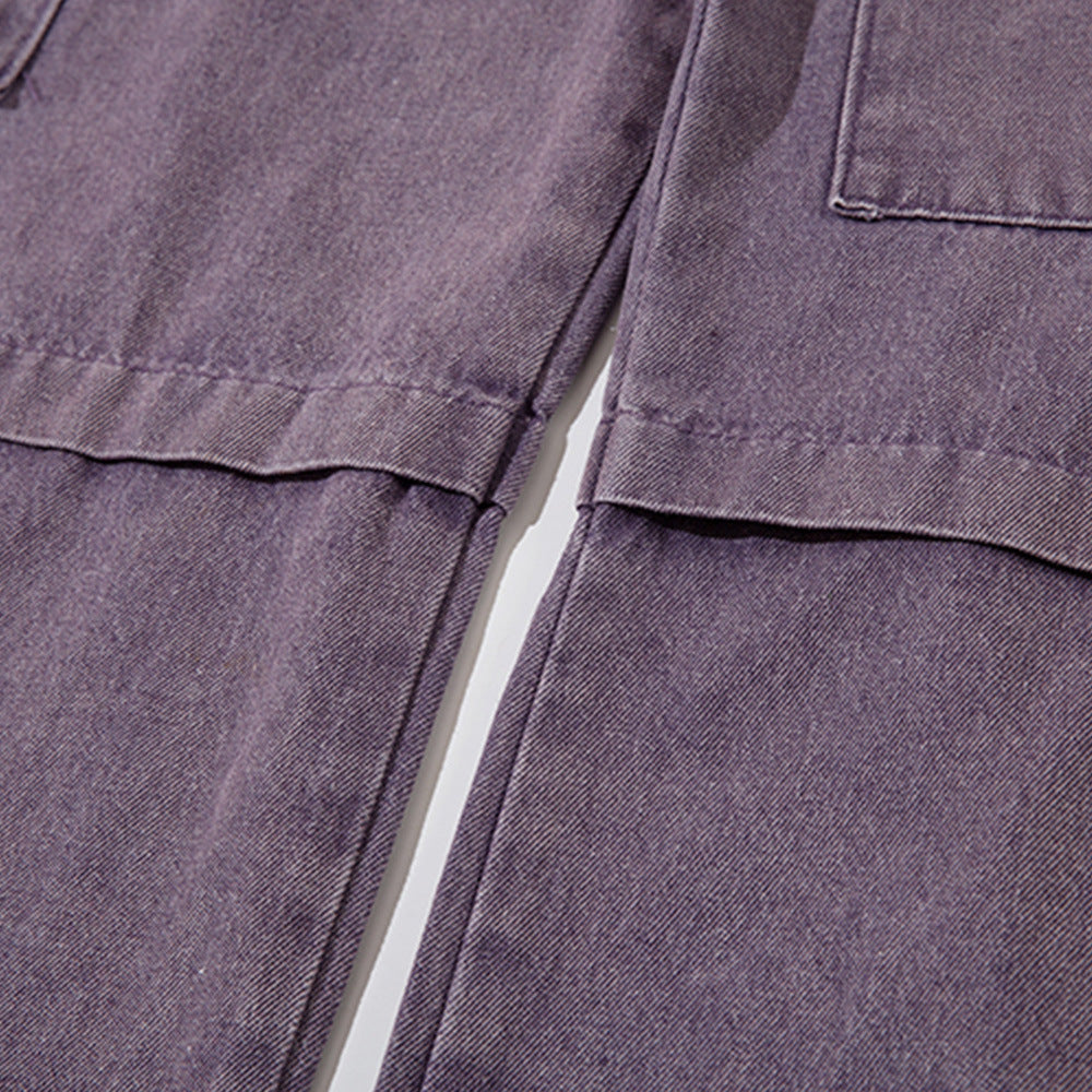 Women Pants Multi-Pocket Workwear Jeans Purple Loose Straight-Leg Wide-Leg Pants