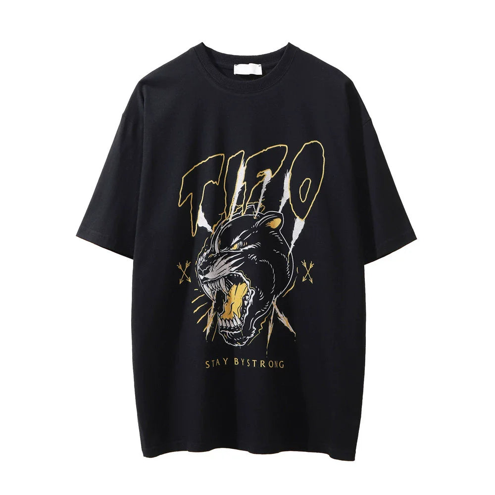 Men Vintage T-Shirt Printed Men's Short-Sleeved T-shirt Hip Hop T-shirt Summer Cheetah Loose