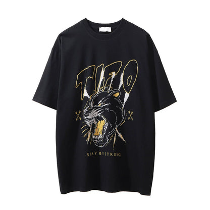Men Vintage T-Shirt Printed Men's Short-Sleeved T-shirt Hip Hop T-shirt Summer Cheetah Loose