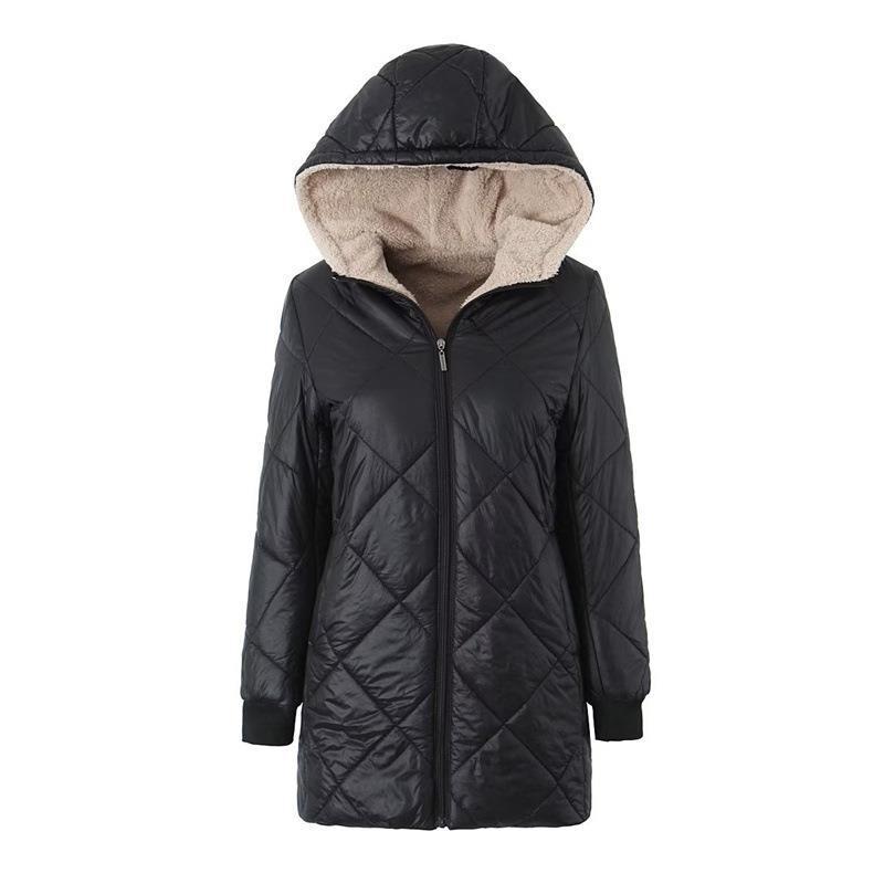 Women Cotton Coat Solid Color Fleece Hooded Jacket
