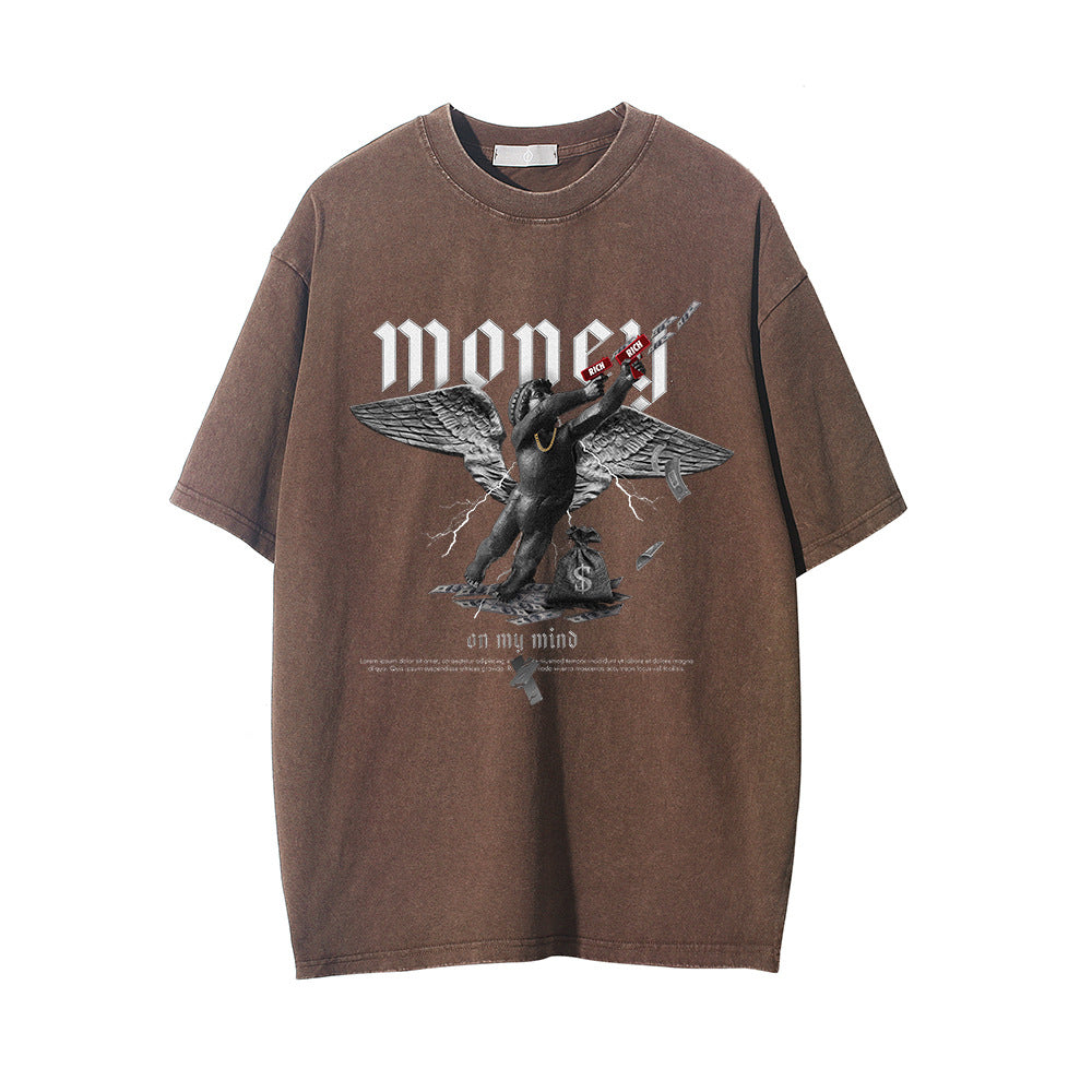 Men Vintage T-Shirt Printed Washed and Worn Short-Sleeved T-shirt Men's Ins Loose