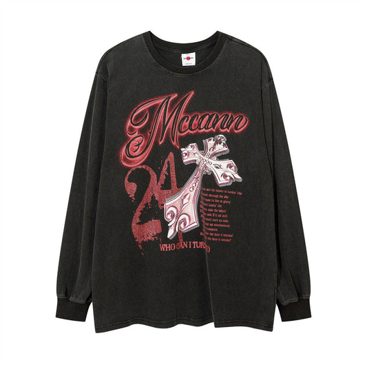 Men Long Sleeve T-Shirt Cross Print Loose Distressed