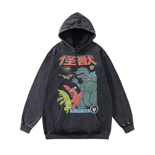 Men Hoodie Cartoon Print Heavy Distressed Hooded Top Distressed Hooded Sweater