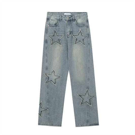 Men Jeans Patch Five-Pointed Star Distressed Casual
