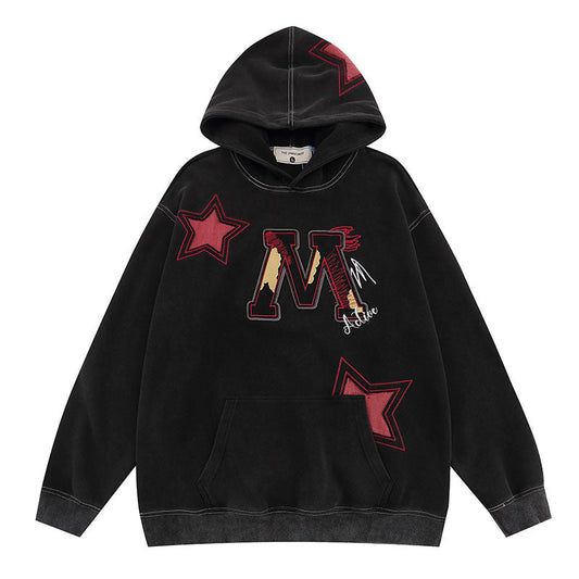 Men Hoodie Retro Hip Hop Letter Embroidered Patch Washed Hooded Sweater