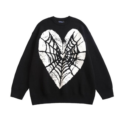 Women Sweater Heart-Shaped Spider Web Knitted Wool