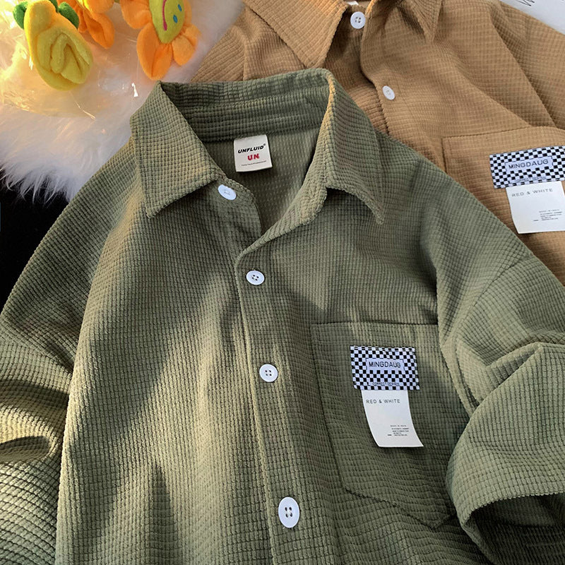 Men Shirts Waffle Shirt Versatile Loose and Handsome Coat