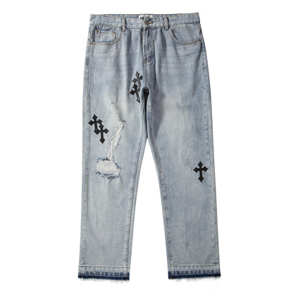 Men Jeans Cross Embroidery Ripped Distressed Loose