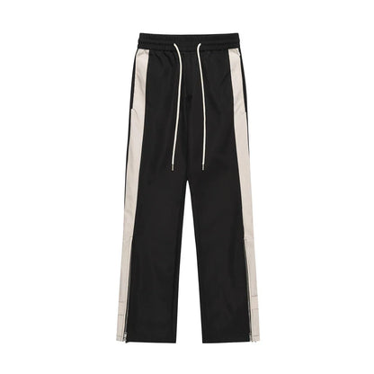 Men Sweatpants Patchwork Contrast Color Straight Casual Pants Elastic Waist Leg Zipper Loose Trousers