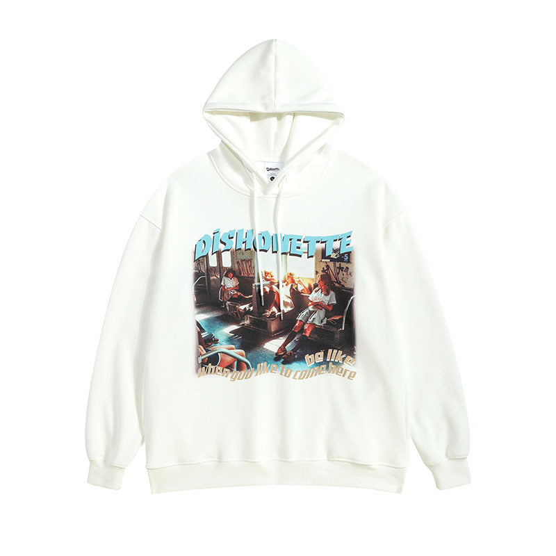 Men Hoodie Retro Hiphop Printed Hoodie Men and Women Loose