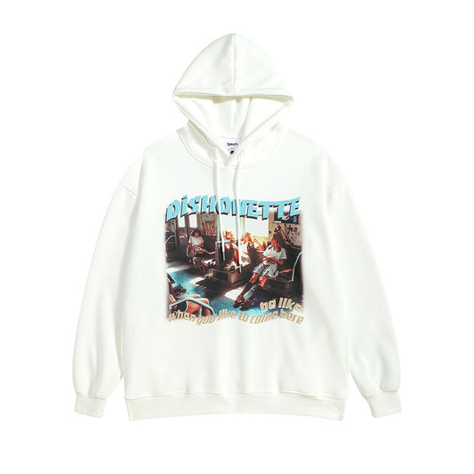 Men Hoodie Retro Hiphop Printed Hoodie Men and Women Loose