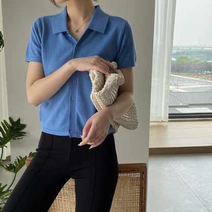 Women Knitted T-shirt Knitted Cardigan Jacket Slim Fit Short Sleeve Polo Collar Top