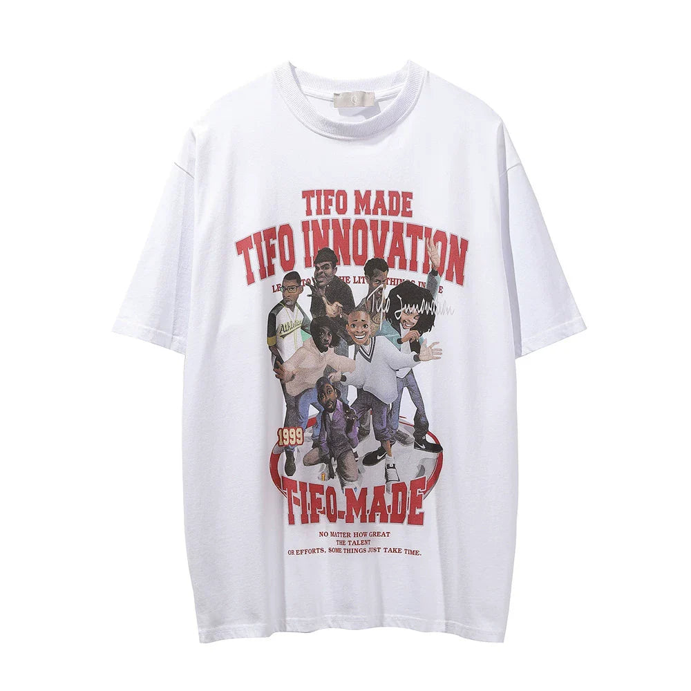 Men Vintage T-Shirt Cartoon Character Printed Short-Sleeved T-shirt Men's Summer