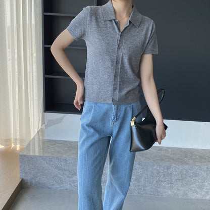 Women Knitted T-shirt Knitted Cardigan Jacket Slim Fit Short Sleeve Polo Collar Top
