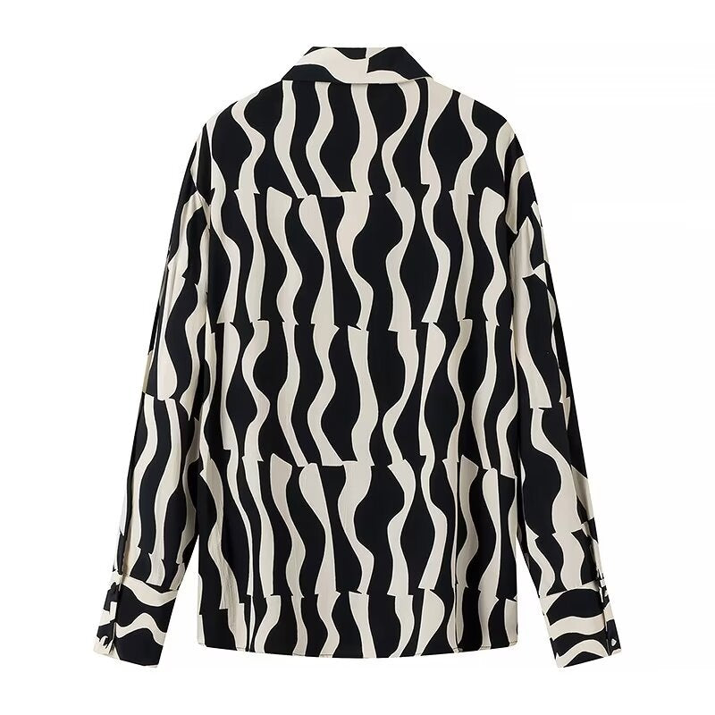 Women Tops Summer Wave Pattern Shirt Single-Breasted Mid-Length Top