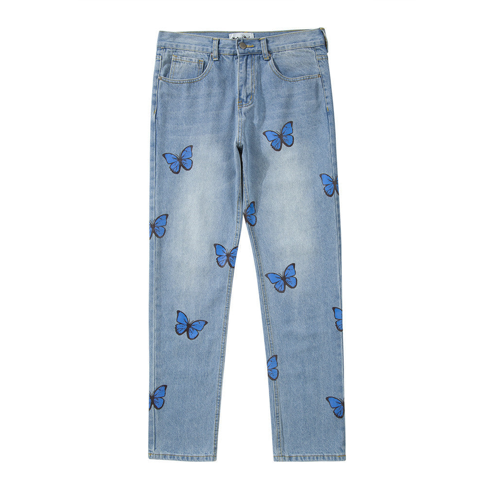 Men Jeans Butterfly Print Loose Trendy Casual