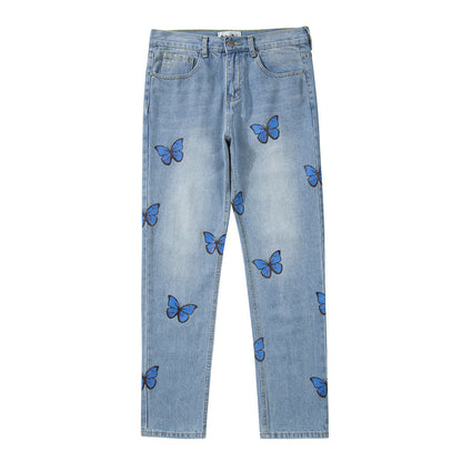 Men Jeans Butterfly Print Loose Trendy Casual