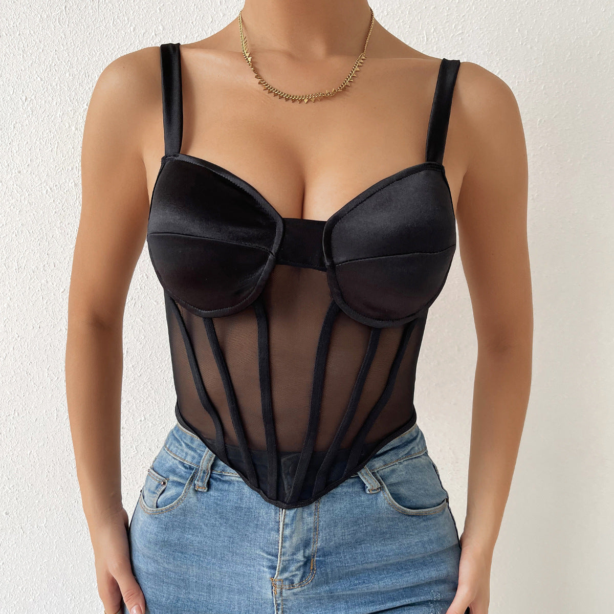 Women Party Tops Sexy Suspenders Mesh Diamond Vest