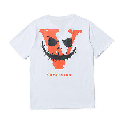 Vlone T Shirts Evil Smiley Face Big V Loose Short Sleeve T-shirt