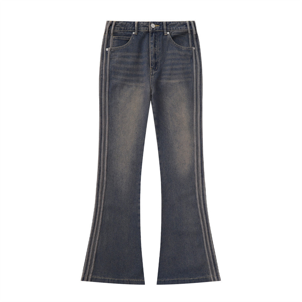 Men Jeans Bell-Bottom Pants Loose Hip Hop Side Stripes