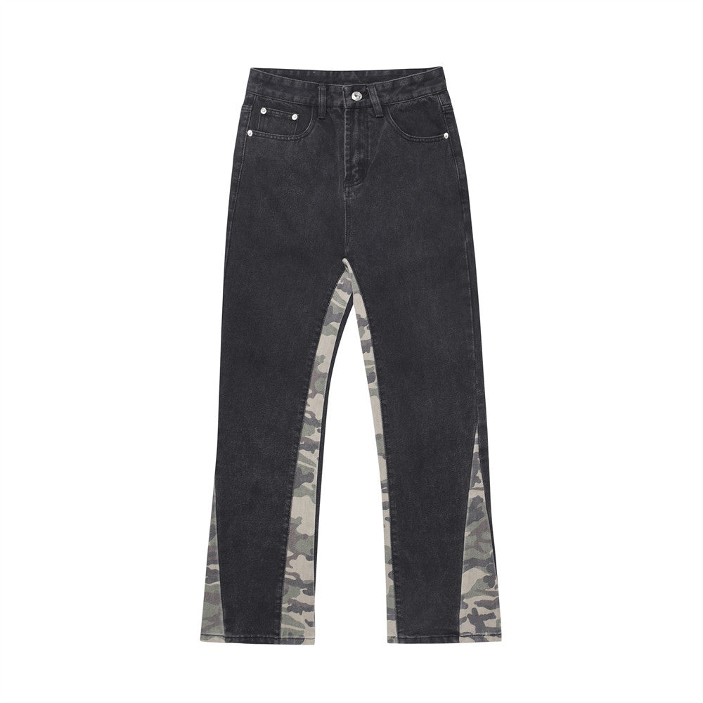 Men Jeans Stitched Camouflage Distressed Wide Leg
