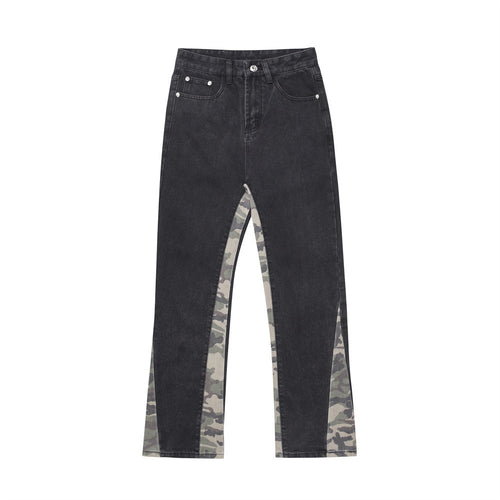 Men Jeans Stitched Camouflage Distressed Wide Leg