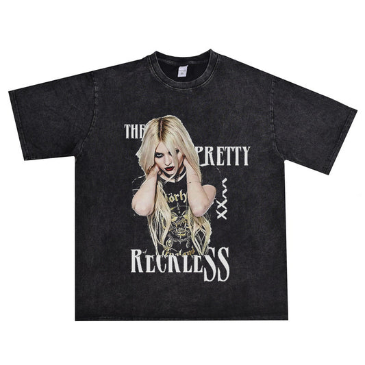 Rock Star T Shirt The Pretty Reckless Aylor Momsen Washed Distressed T-shirt Short Sleeve Men and Women