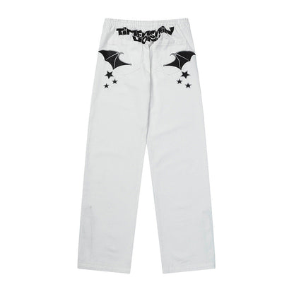 Men Sweatpants Pocket Wings Embroidered Straight Zipper Slit Jeans