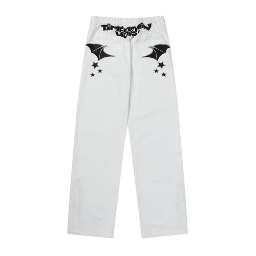 Men Sweatpants Pocket Wings Embroidered Straight Zipper Slit Jeans