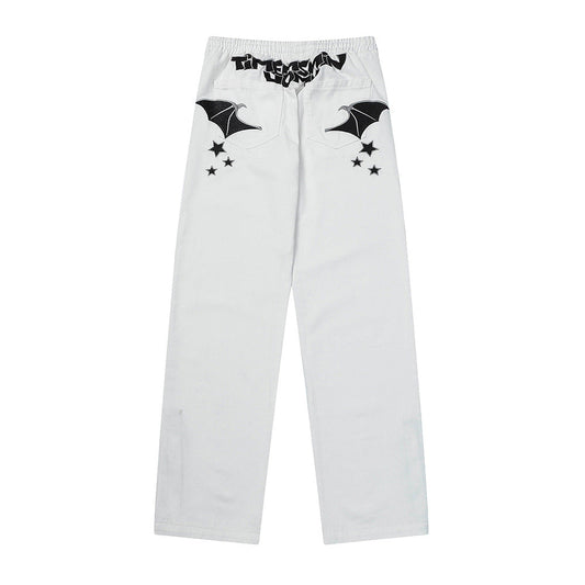 Men Sweatpants Pocket Wings Embroidered Straight Zipper Slit Jeans