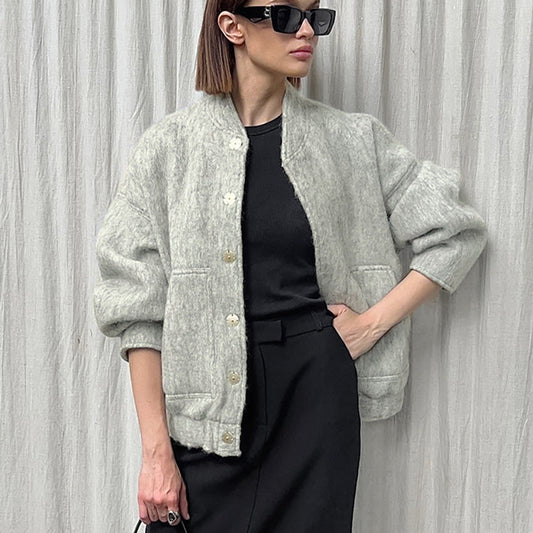 Women Trench Coat Autumn and Winter Stand Collar Baggy Coat Warm Bomber Jacket Coat