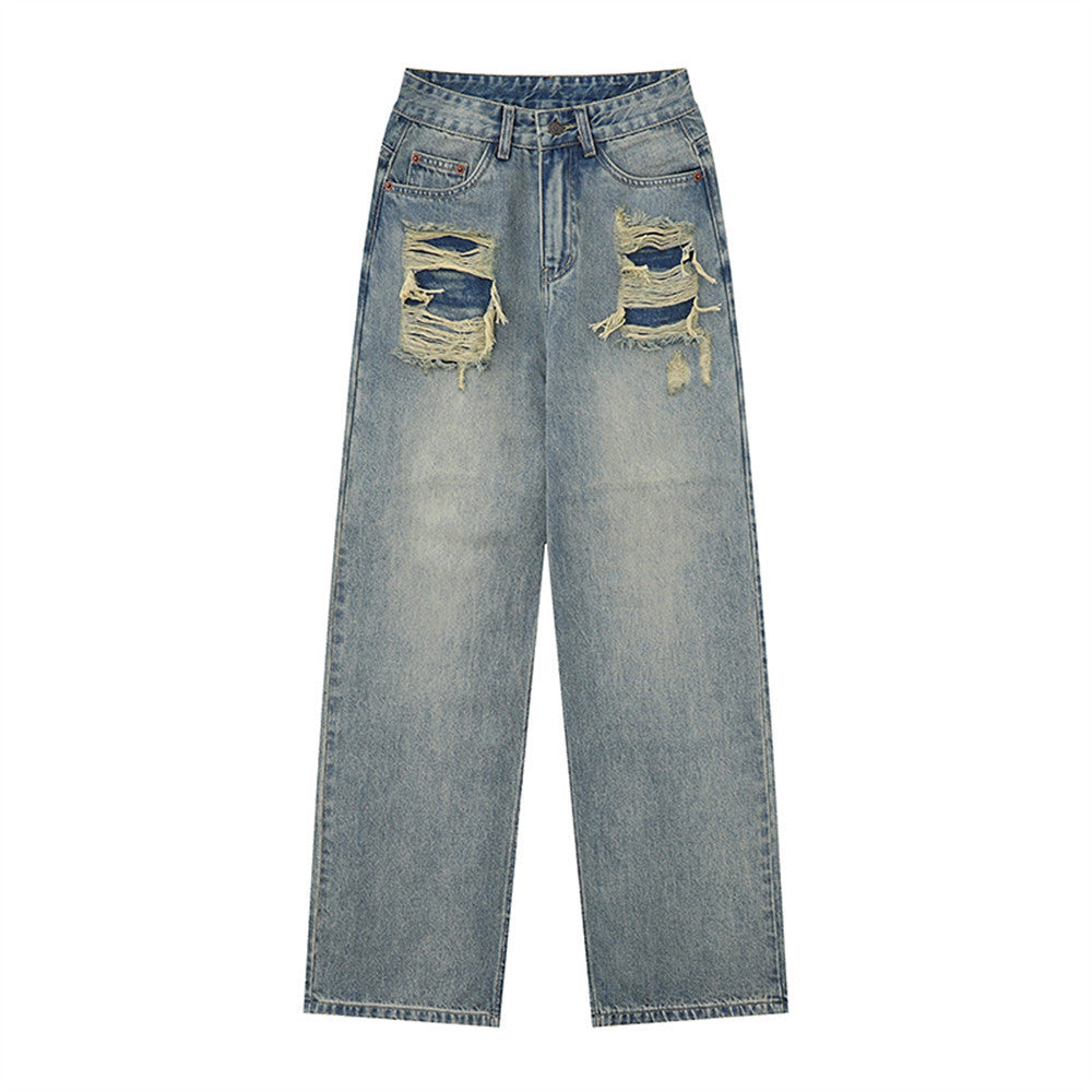 Women Pants Make Old Ripped Jeans Loose Straight Wide Leg Pants