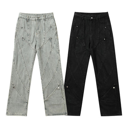 Men Jeans Vintage Distressed Straight-Leg Denim Pants Straight-Leg Denim Trousers