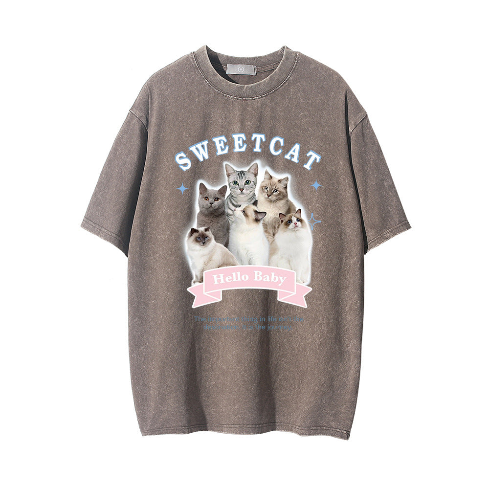 Men Vintage T-Shirt Printed Distressed Washed Short-Sleeved T-shirt Men's Summer Casual Loose round Neck
