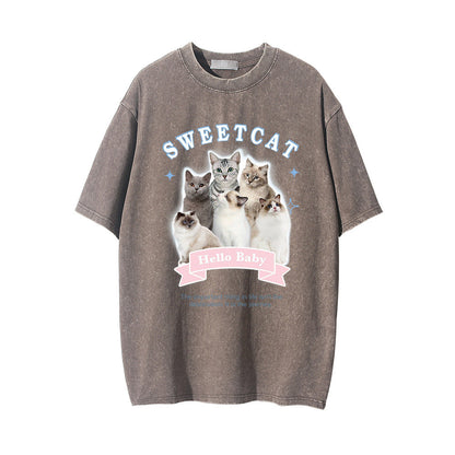 Men Vintage T-Shirt Printed Distressed Washed Short-Sleeved T-shirt Men's Summer Casual Loose round Neck