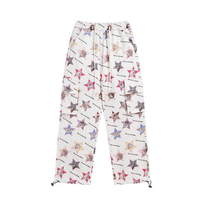 Cargo Pants Summer Cat Full Printed Drawstring