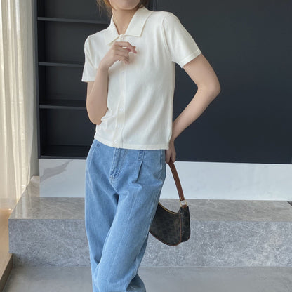 Women Knitted T-shirt Knitted Cardigan Jacket Slim Fit Short Sleeve Polo Collar Top
