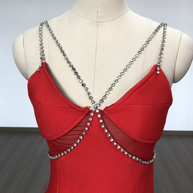 Women Evening Dress Crystal Drill Chain Straps Tulle Backless Evening Gown