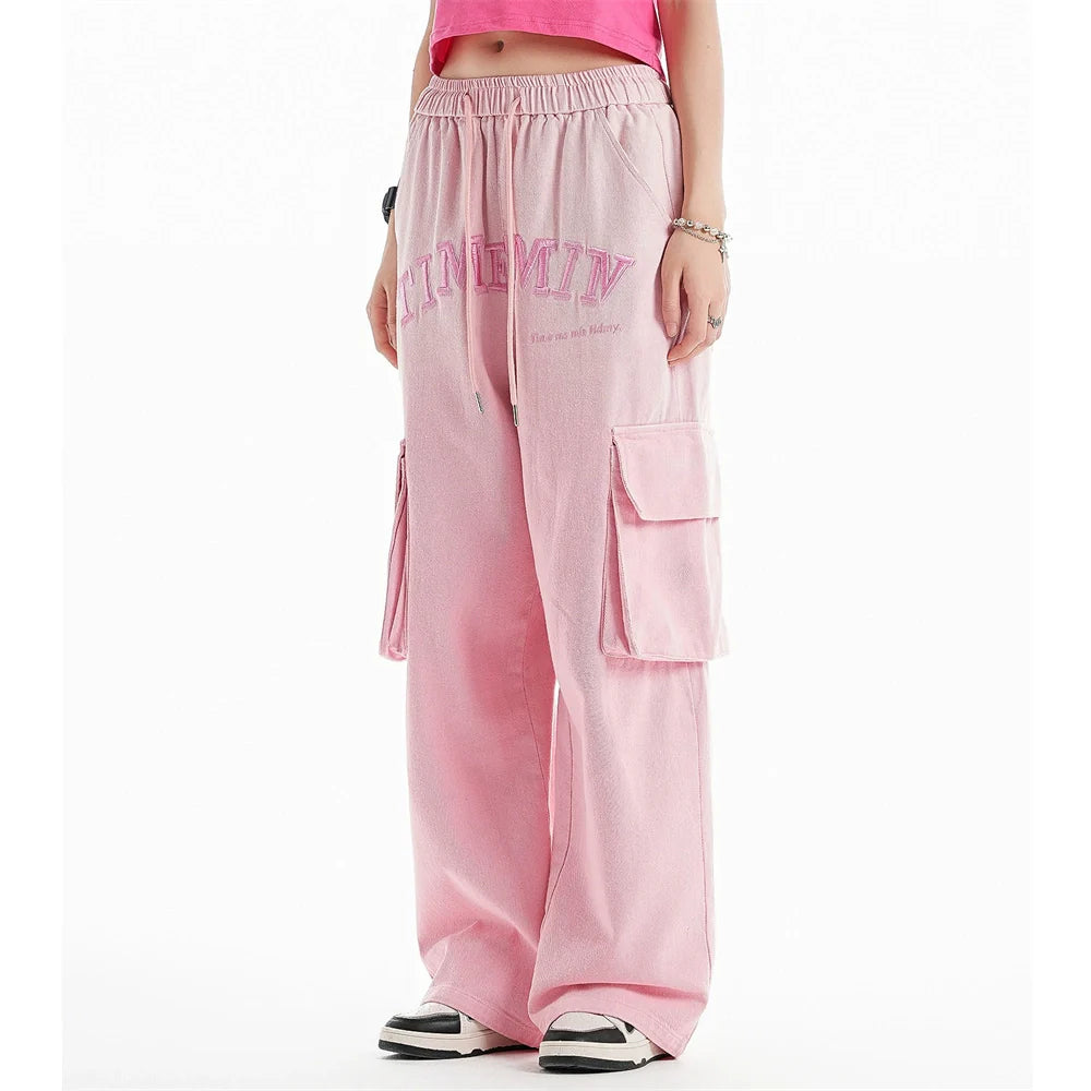 Men Sweatpants Wash Water Gradient Tie-Dye Straight-Leg Trousers Embroidery Loose Pockets Workwear Casual Pants