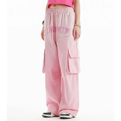 Men Sweatpants Wash Water Gradient Tie-Dye Straight-Leg Trousers Embroidery Loose Pockets Workwear Casual Pants