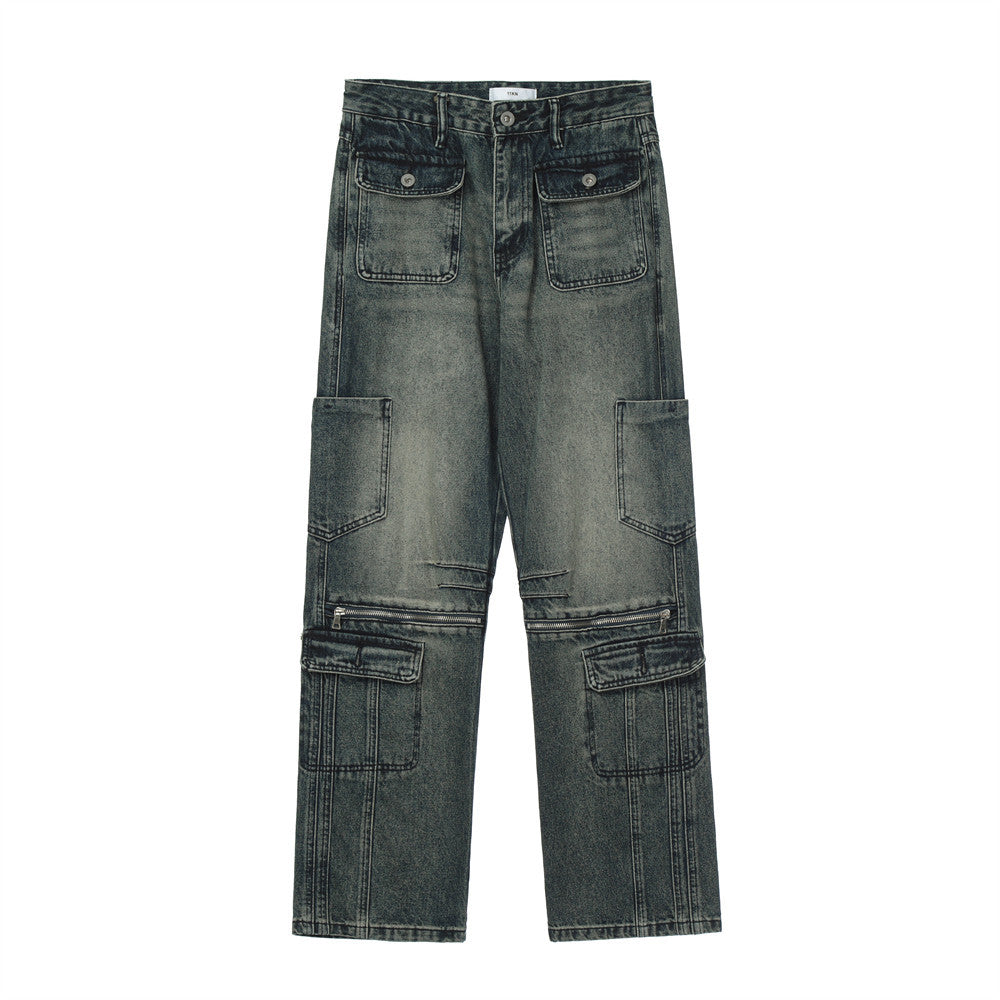 Men Jeans Multi-Pocket Zipper Stitching Loose