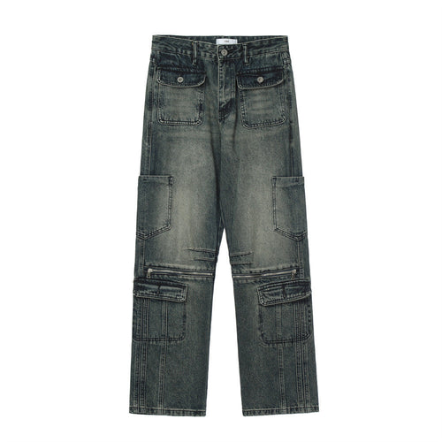 Men Jeans Multi-Pocket Zipper Stitching Loose